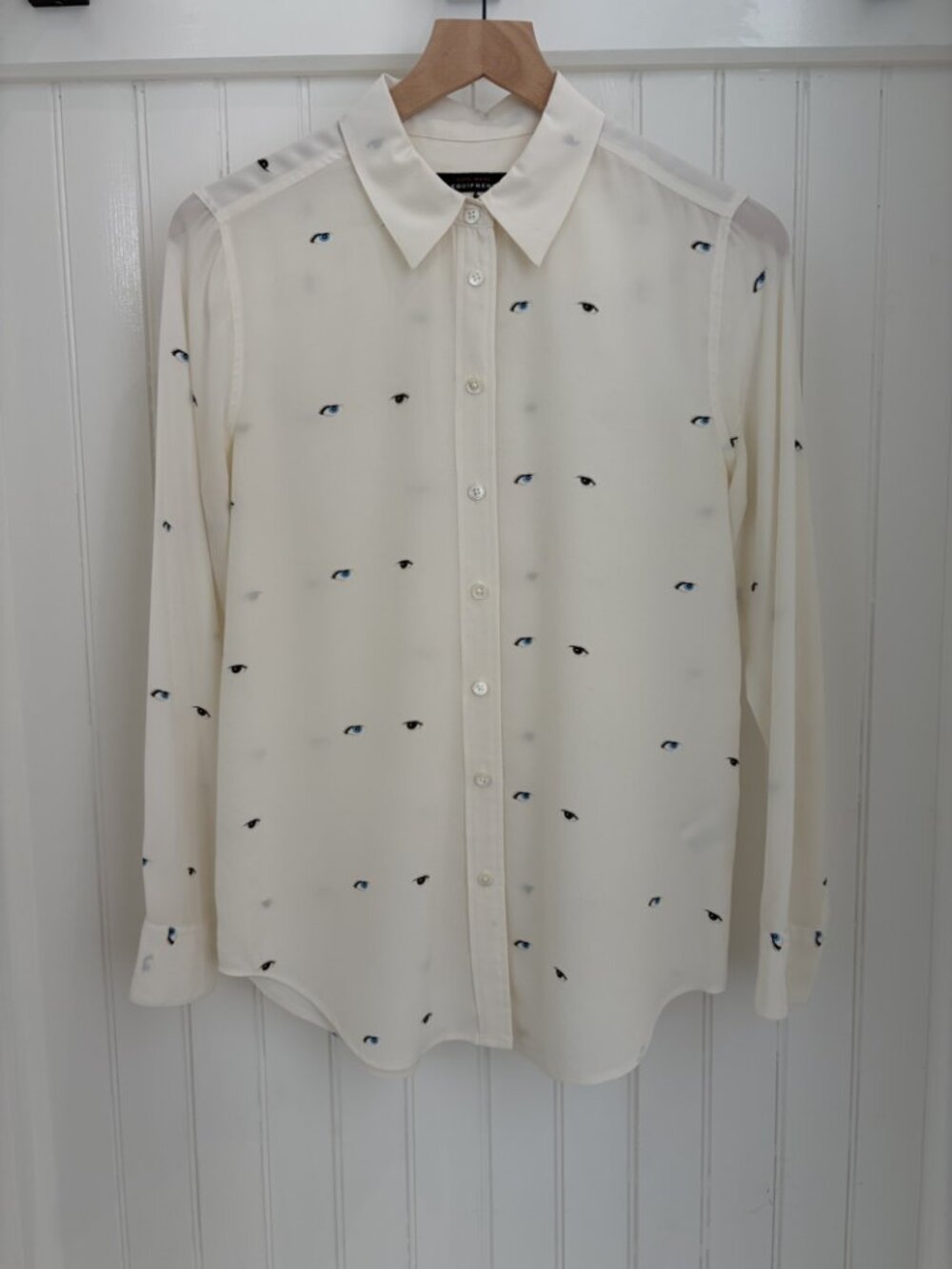 Kate Moss Equipment Starman Eye Print Silk Slim Signature Blouse Ivory XS
